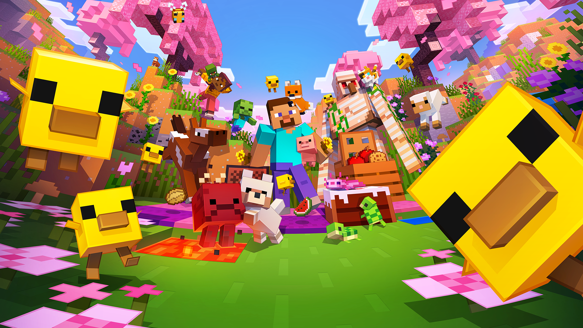 Personajes y criaturas de Minecraft en un bosque de cerezos